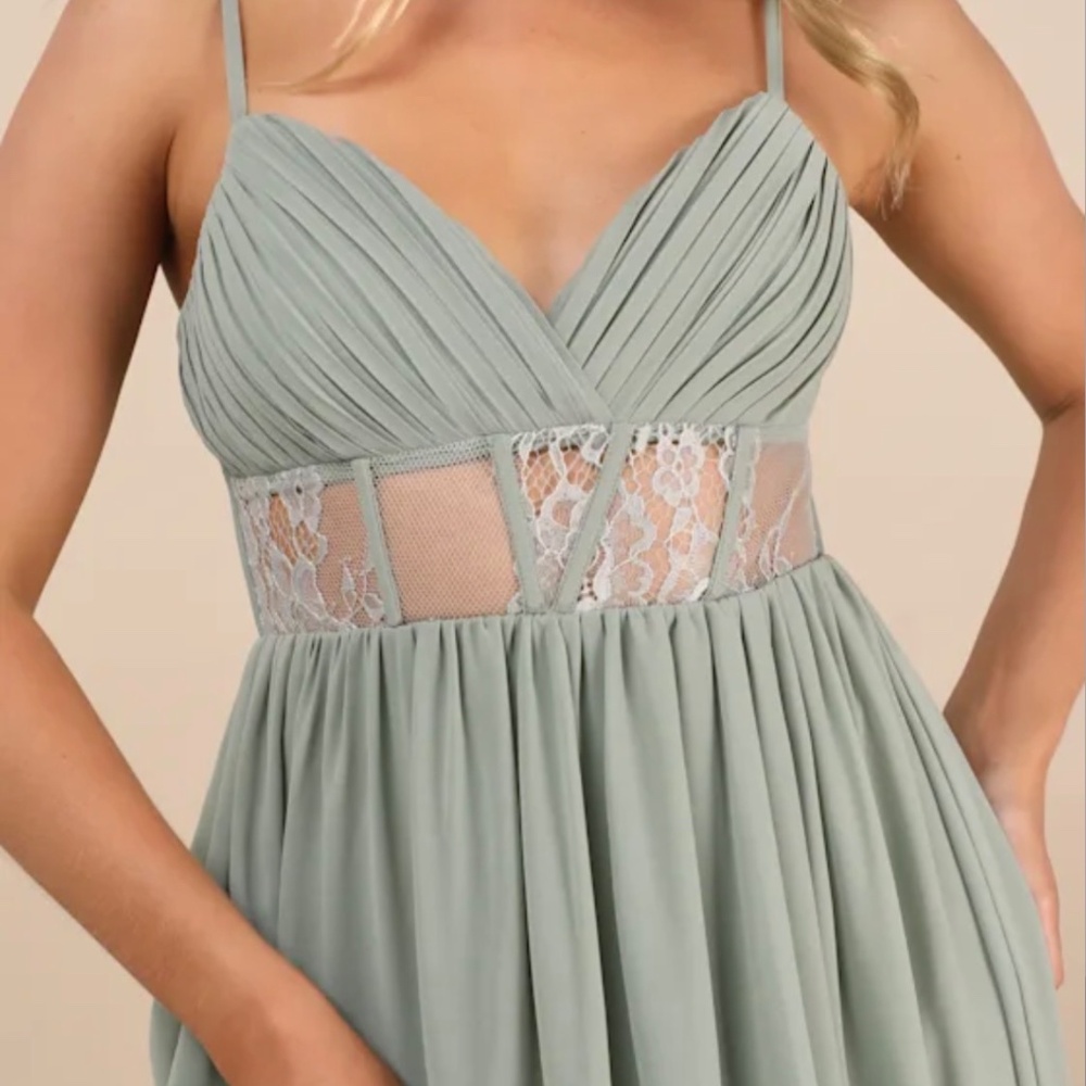 Lulu's Sage Green Maxi Dress with Lace Insets - Picture 4 of 6